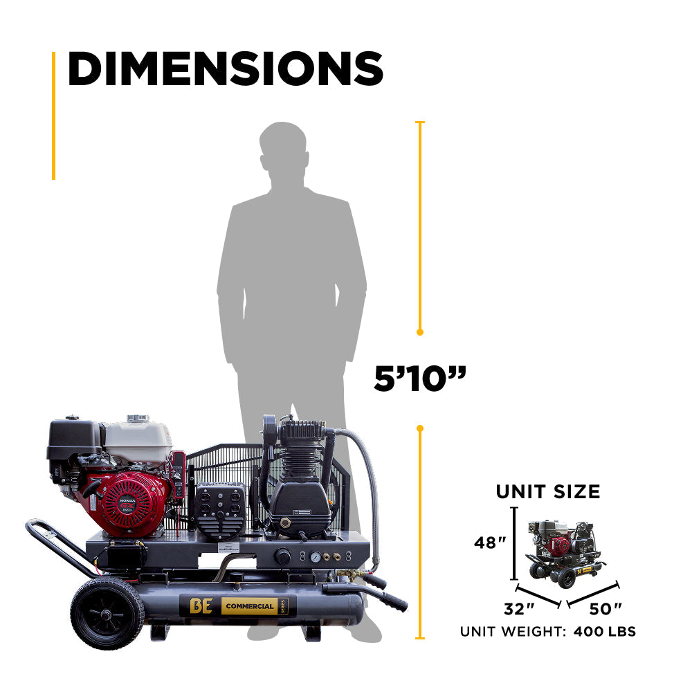 BE Portable Gas Air Compressor and Generator 16 CFM @ 175 PSI - 8G - AC138HEG2 | RogueFuel.ca