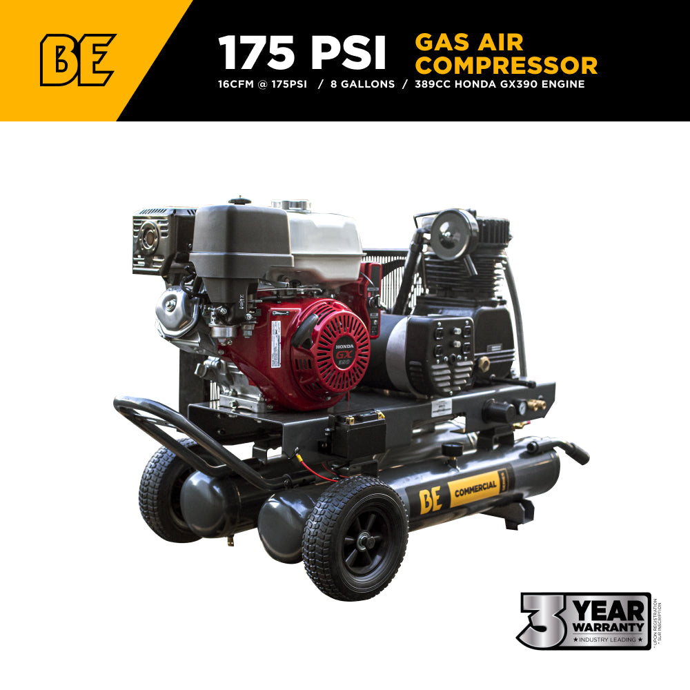 BE Portable Gas Air Compressor and Generator 16 CFM @ 175 PSI - 8G - AC138HEG2 | RogueFuel.ca