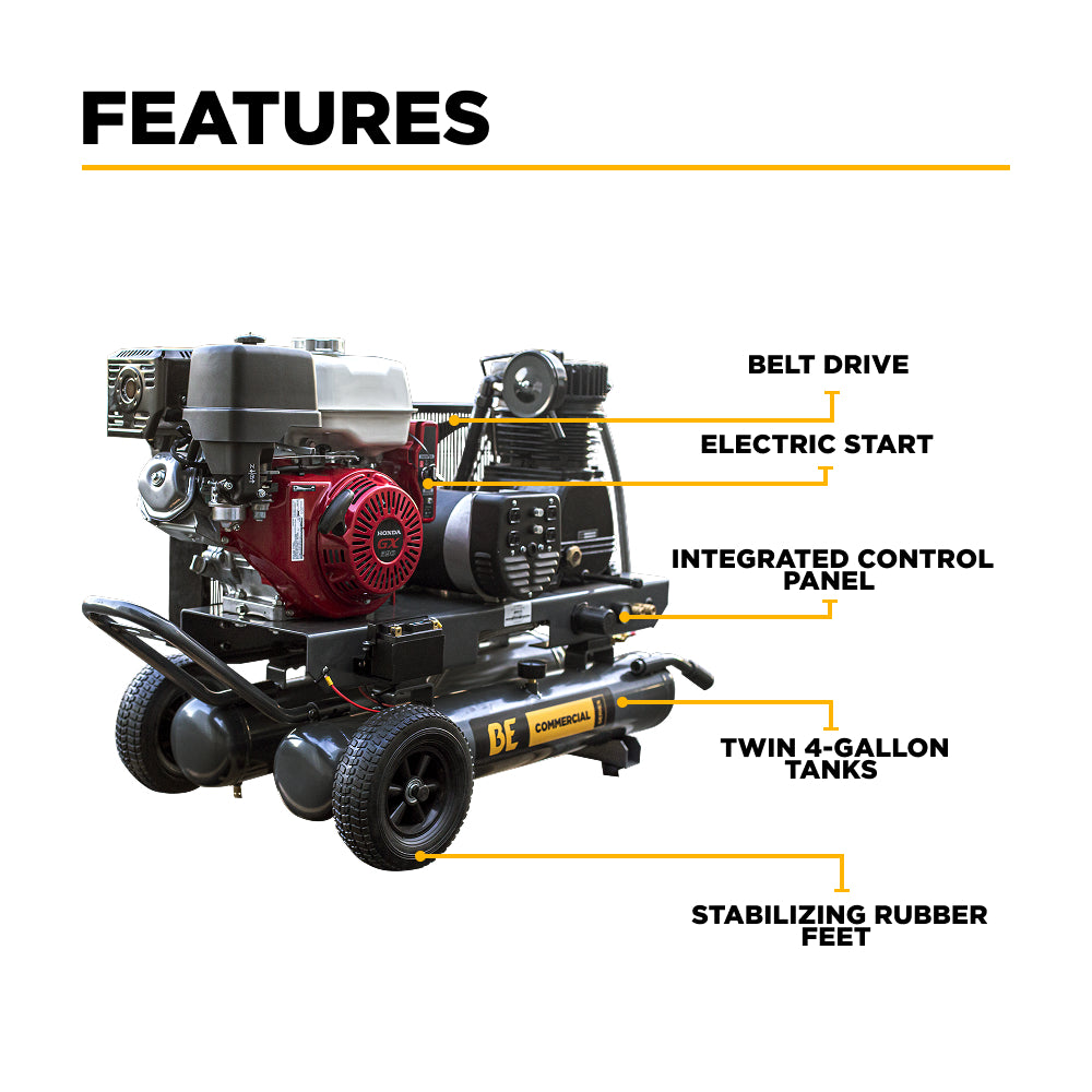 BE Portable Gas Air Compressor and Generator 16 CFM @ 175 PSI - 8G - AC138HEG2 | RogueFuel.ca