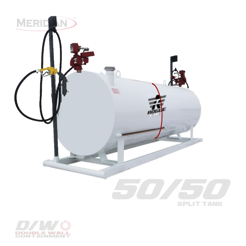 Rogue Fuel| Meridian - 4,595 Litre/ 1000 Gallon  Double Wall  50/50 Split Utility Fuel Tank & Skid Complete With Fuel Pump & Meter Package Including Arctic Hose & Automatic Shut Off Nozzle - Model#: RF98111DWCP | RogueFuel.ca | Munro Industries Sturgeon County, Alberta