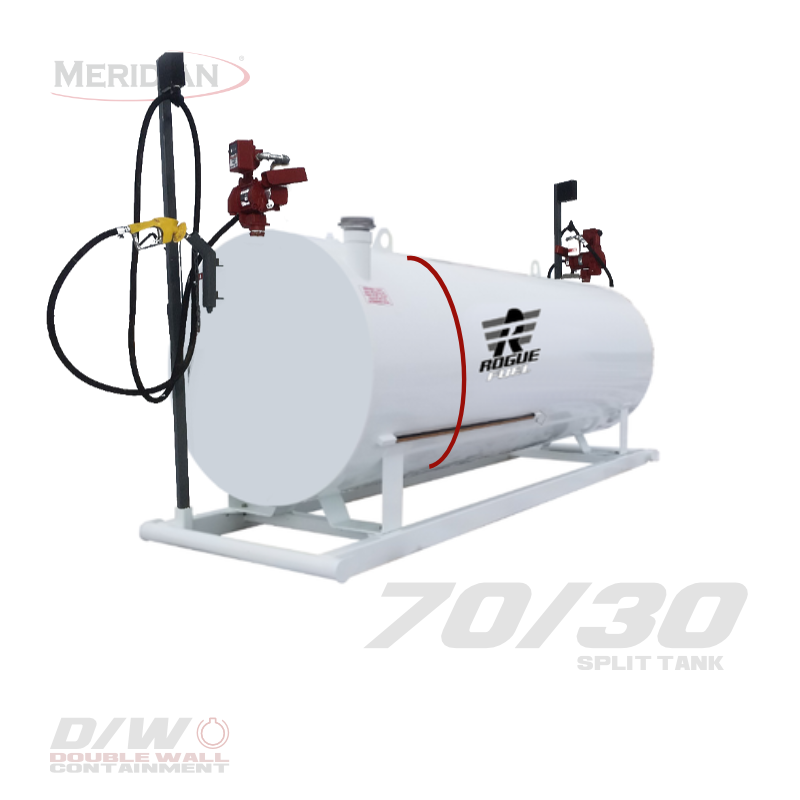 Rogue Fuel| Meridian - 4,595 Litre/ 1000 Gallon Double Wall 70/30 Split Utility Fuel Tank & Skid Complete Package With Fuel Pump, Meter Arctic Hose & Automatic Nozzle - Model#: RF98110DWCP | RogueFuel.ca | Munro Industries Sturgeon County, Alberta